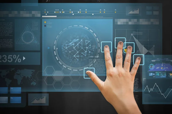 Hand mit schwarzem interaktivem Panel mit Diagrammen — Stockfoto