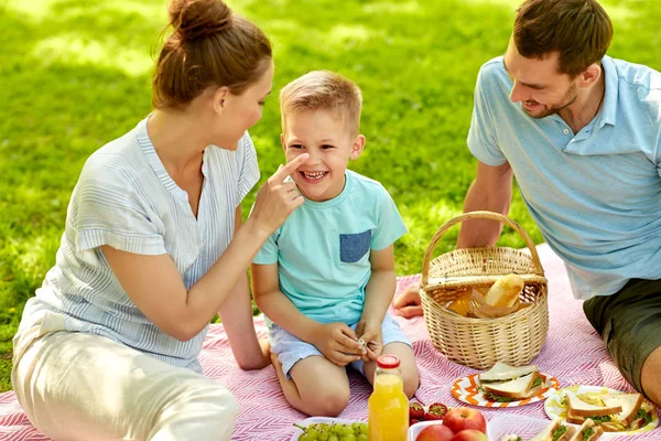 Família feliz fazendo piquenique no parque de verão — Fotografia de Stock