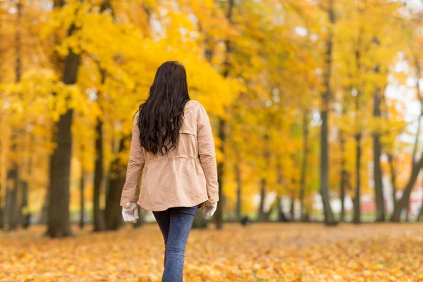 Wanita muda berjalan di taman musim gugur — Stok Foto
