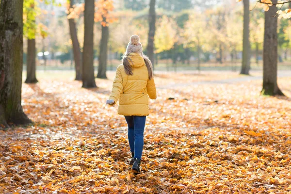 Menina feliz correndo no parque de outono — Fotografia de Stock