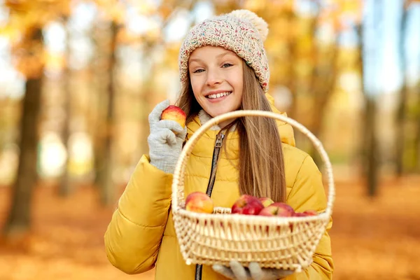 Niña con manzanas en canasta de mimbre en el parque de otoño —  Fotos de Stock