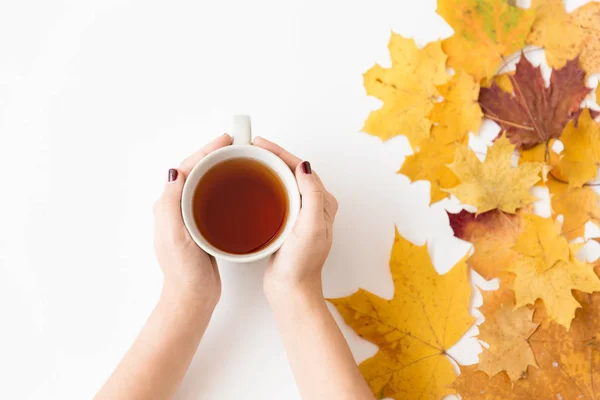 Manos con taza de té y hojas de arce de otoño — Foto de Stock