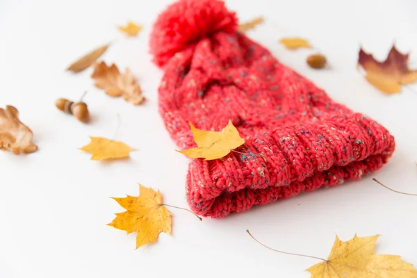 Hut und Herbstblätter auf weißem Hintergrund — Stockfoto