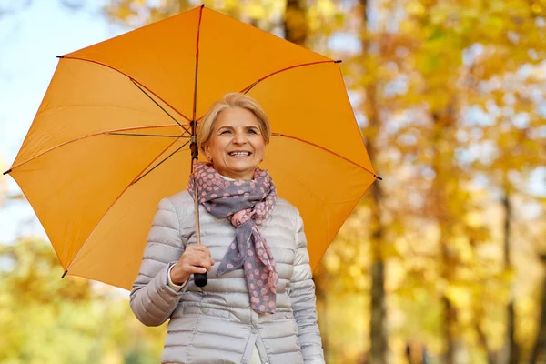 Счастливая пожилая женщина с пупсом в осеннем парке — стоковое фото