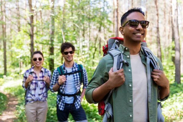 Grupo de amigos con mochilas senderismo en el bosque — Foto de Stock