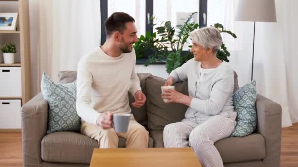 Hijo adulto y madre mayor beben café en casa — Vídeo de stock