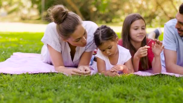 Yaz parkında piknik battaniyesi üzerinde yatan aile — Stok video