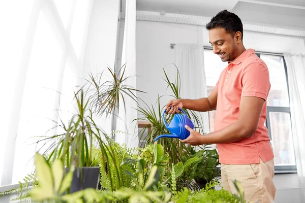 Hombre indio regando plantas de interior en casa —  Fotos de Stock