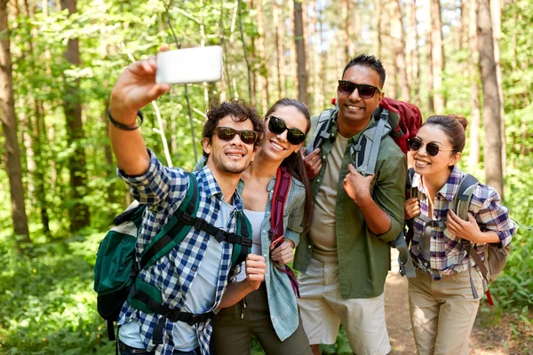 Přátelé s batohy turistika a s selfie — Stock fotografie