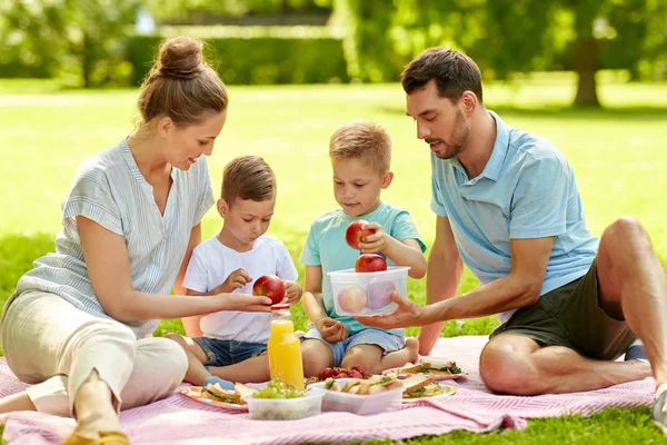 Família feliz fazendo piquenique no parque de verão — Fotografia de Stock
