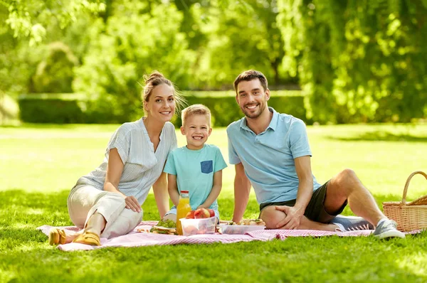 Portrait de famille en train de pique-niquer au parc d'été — Photo