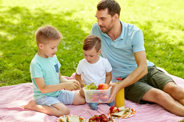 Família feliz fazendo piquenique no parque de verão — Fotografia de Stock