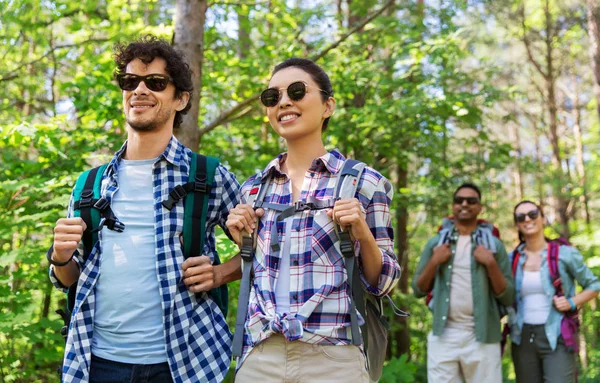 Grupo de amigos com mochilas caminhadas na floresta — Fotografia de Stock