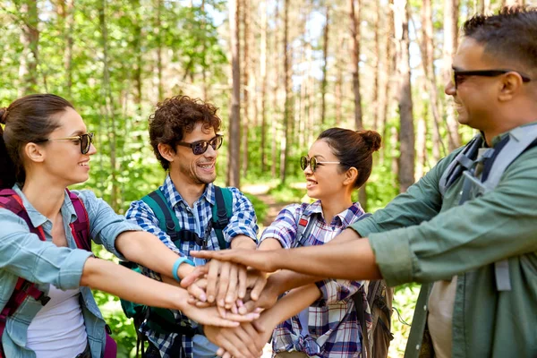 Freunde mit Rucksäcken stapeln Hände im Wald — Stockfoto