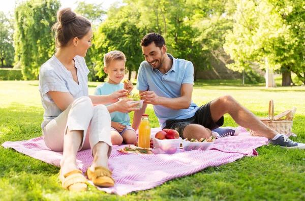 Счастливая семья, устроившая пикник в летнем парке — стоковое фото