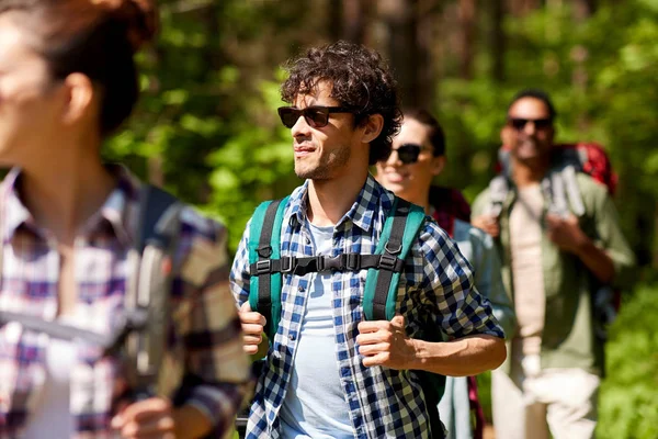 Group of friends with backpacks hiking in forest — Stock Photo, Image