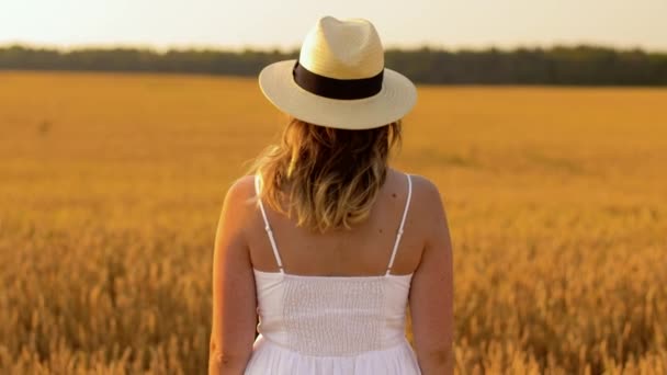 Γυναίκα με ψάθινο καπέλο σε χωράφι δημητριακών το καλοκαίρι — Αρχείο Βίντεο