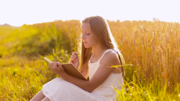 Улыбающаяся девушка, пишущая дневник на зерновом поле — стоковое видео