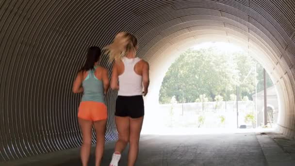 야외에서 달리는 젊은 여성 또는 여성 친구 — 비디오