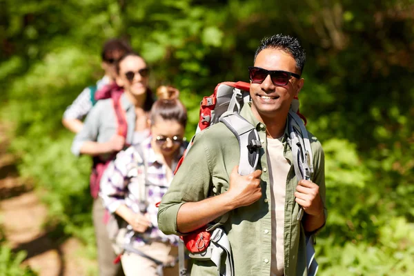 Grupp vänner med ryggsäckar vandring i skogen — Stockfoto