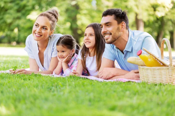 夏の公園でピクニックブランケットを着た家族が — ストック写真