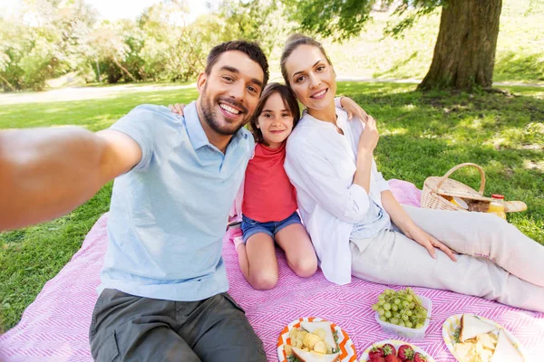 Família fazendo piquenique e tirando selfie no parque — Fotografia de Stock