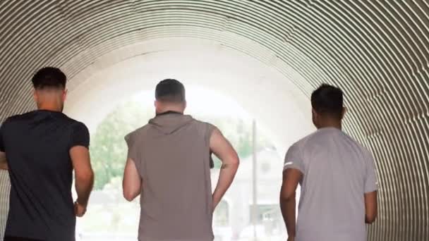 Junge Männer oder männliche Freunde, die im Freien laufen — Stockvideo