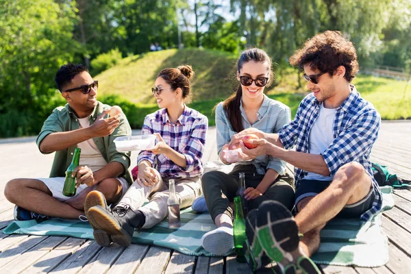 Gelukkige vrienden picknicken in het zomerpark — Stockfoto