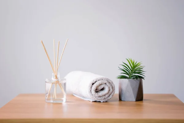 Difusor de caña de aroma, toalla de baño y suculenta —  Fotos de Stock