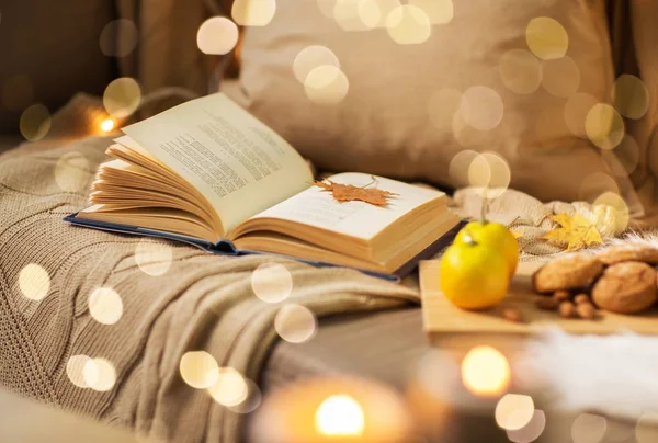 Livro com folha de outono e cobertor no sofá — Fotografia de Stock