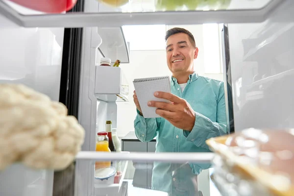 Человек составляет список необходимых продуктов питания на домашнем холодильнике — стоковое фото