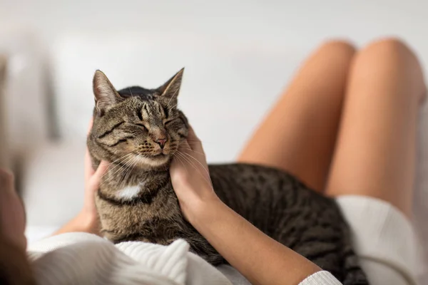 Gelukkig jonge vrouw met kat liggend in bed thuis — Stockfoto