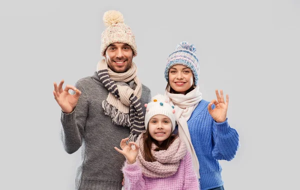 Famiglia felice in abiti invernali mostrando gesto ok — Foto Stock