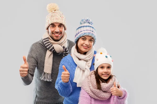 Gri arka plan üzerinde kış giysileri mutlu aile — Stok fotoğraf