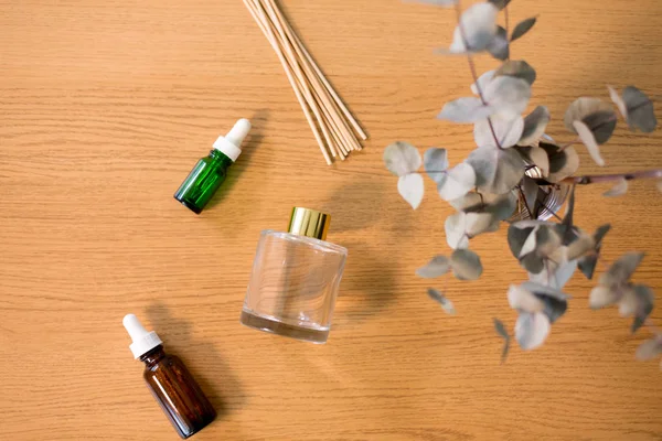 Difusor de palhetas de aroma, óleo essencial e eucalipto — Fotografia de Stock