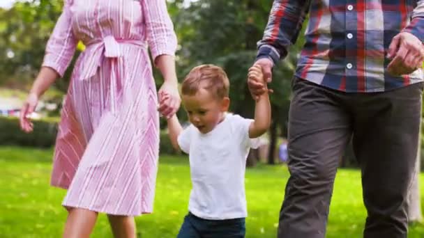 Szczęśliwego rodzinnego spaceru w parku letnim — Wideo stockowe