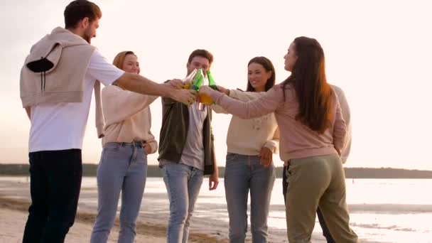 Amigos brindar bebidas no alcohólicas en la playa — Vídeo de stock
