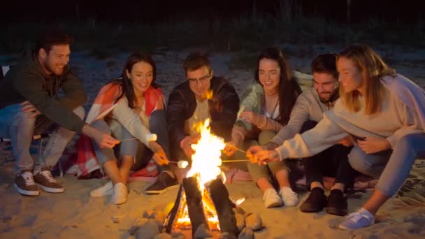 Barátok pörkölés Marshmallow a tábortűz a strandon — Stock videók