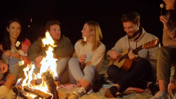 Przyjaciele pieczenie Marshmallow i gra na gitarze — Wideo stockowe