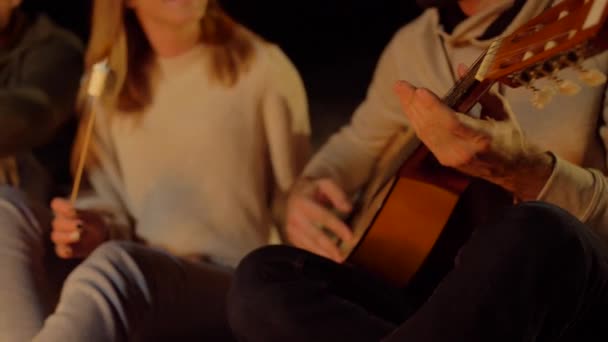 Vänner rostning Marshmallow och spela gitarr — Stockvideo