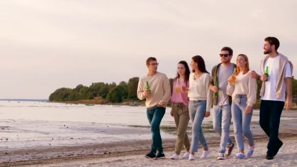 Amigos con bebidas no alcohólicas caminando en la playa — Vídeo de stock