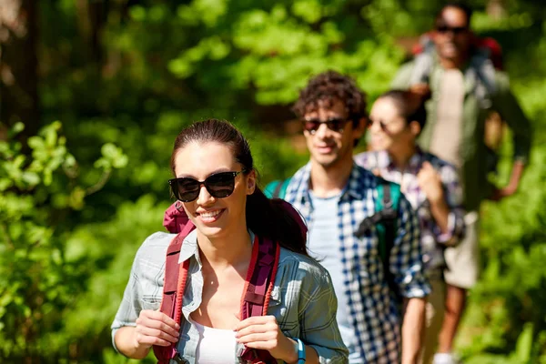 Grupp vänner med ryggsäckar vandring i skogen — Stockfoto