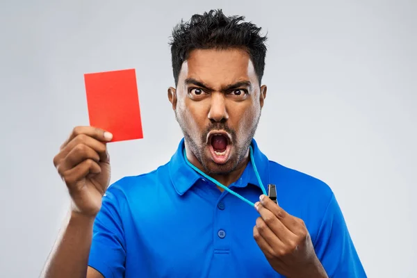 Angry indian referee with whistle showing red card — Stock Photo, Image