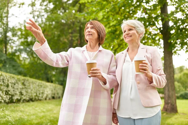 Senior kvinnor eller vänner dricker kaffe på Park — Stockfoto