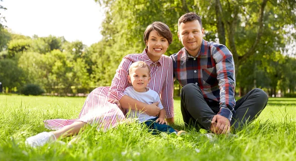 Щаслива сім'я в літньому парку сидить на траві — стокове фото