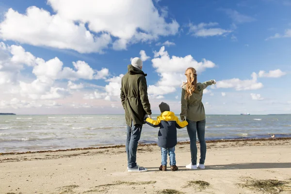 Família feliz na praia de outono olhando para o mar — Fotografia de Stock