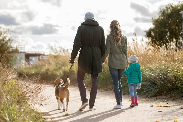Счастливая семья, гуляющая с собакой осенью — стоковое фото