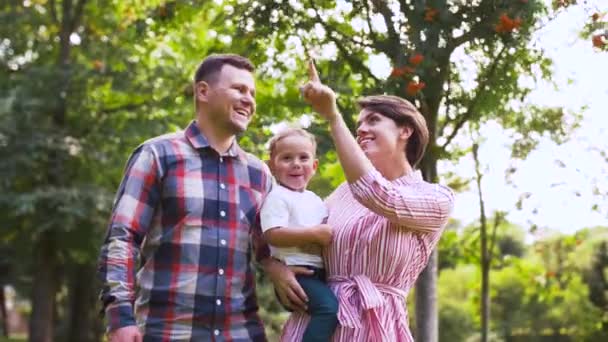 Família feliz andando no parque de verão — Vídeo de Stock