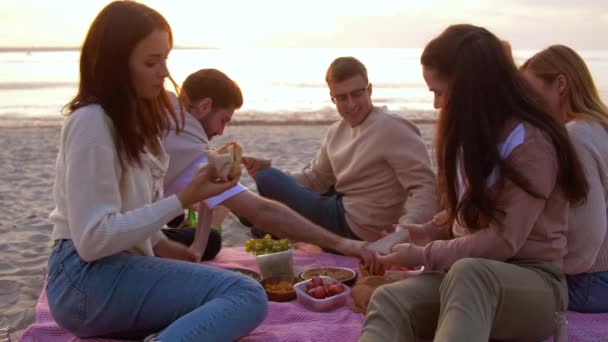 Happy friends eating sandwiches at picnic on beach — Stock Video