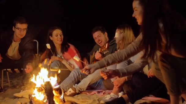 Vrienden roosteren marshmallow en gitaar spelen — Stockvideo